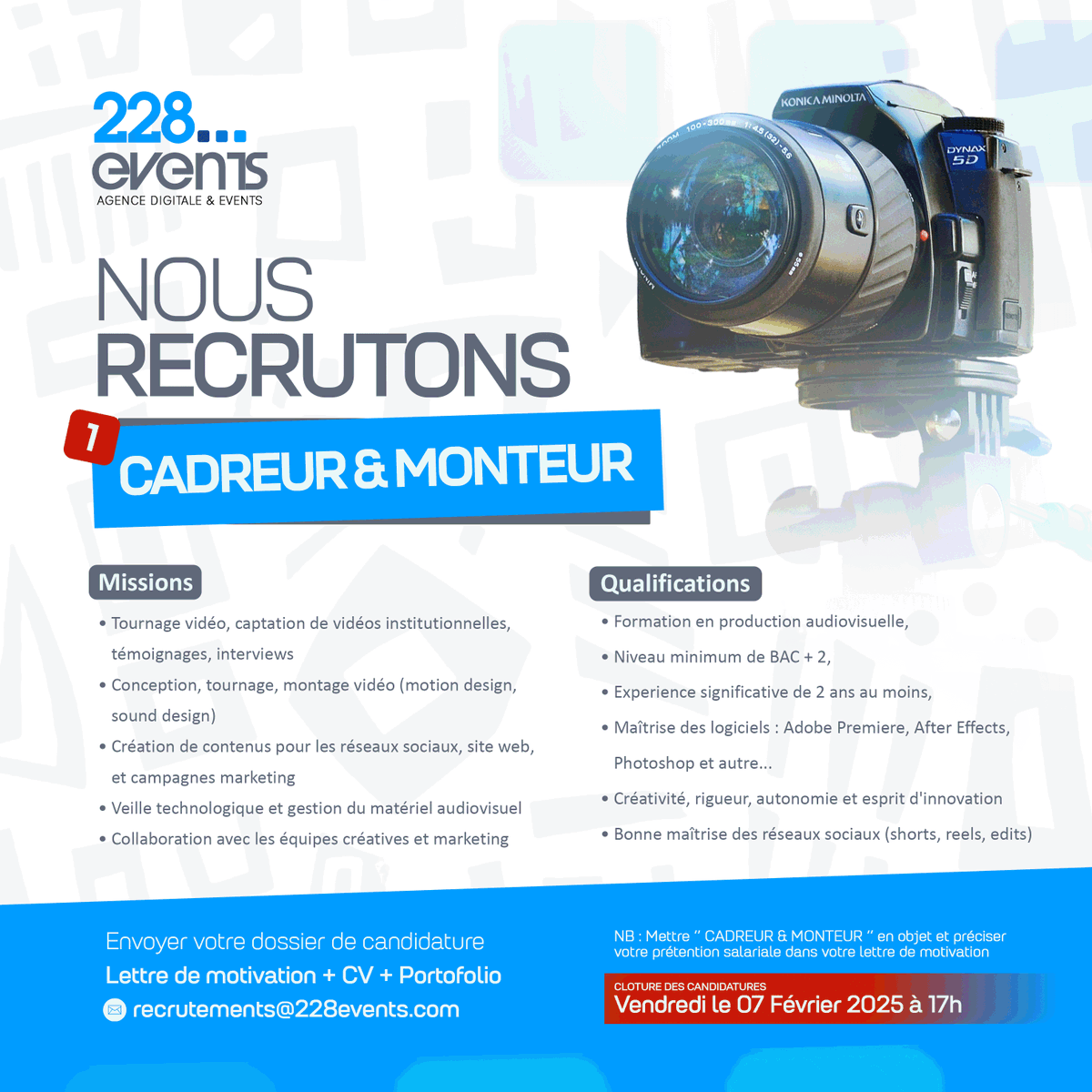 228Events's tweet image. ⚪ 🔵 ⚫ Rejoignez notre équipe dynamique !

* Assistant(e) de direction
* Social Media Manager
* Cadreur / Réalisateur 
* Infographiste

Lieu : Lomé
Type de contrat : Plein temps
Candidature : Recrutements@228events.com
Date limite : 7 février

#JobAlert #228Events #Multimedia