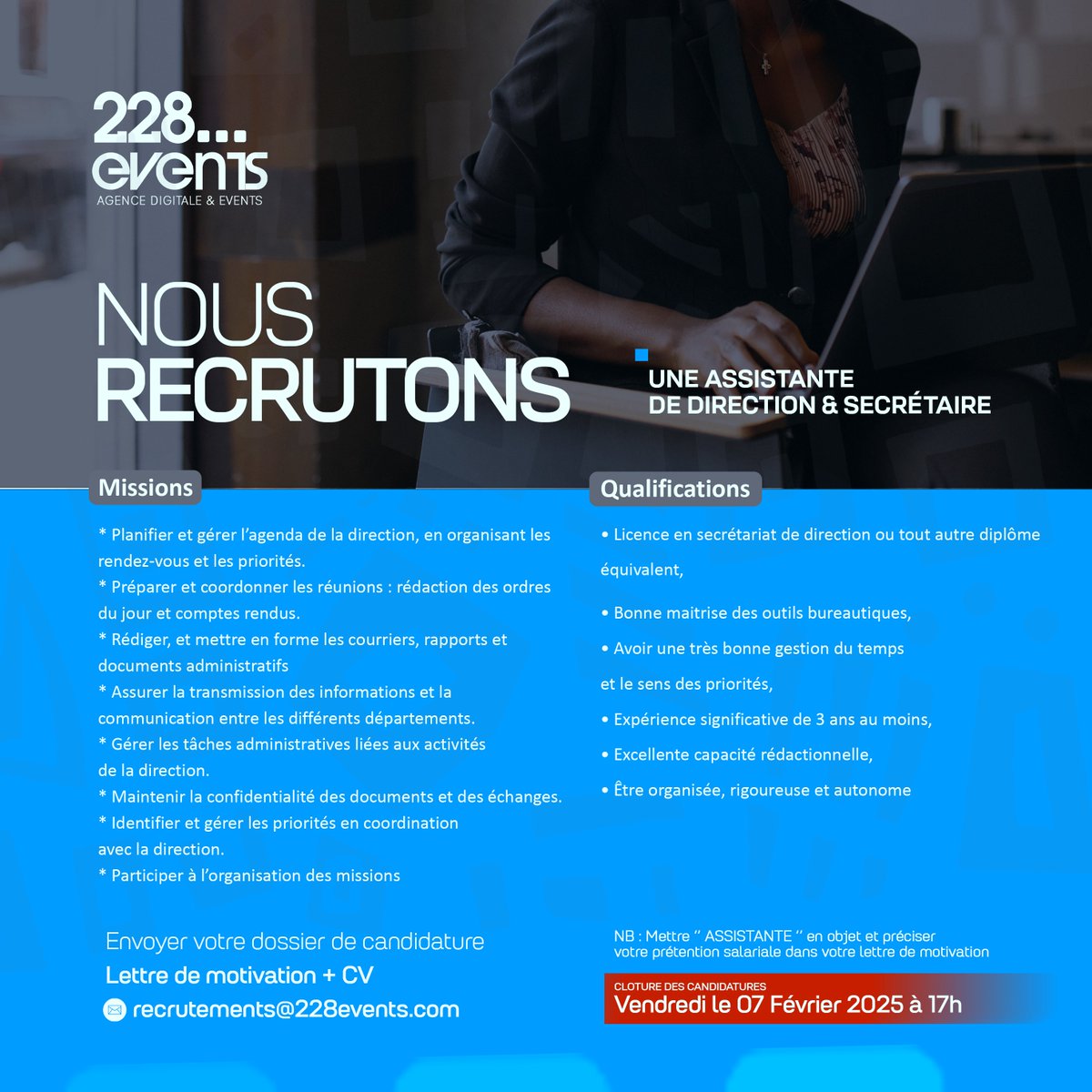 228Events's tweet image. ⚪ 🔵 ⚫ Rejoignez notre équipe dynamique !

* Assistant(e) de direction
* Social Media Manager
* Cadreur / Réalisateur 
* Infographiste

Lieu : Lomé
Type de contrat : Plein temps
Candidature : Recrutements@228events.com
Date limite : 7 février

#JobAlert #228Events #Multimedia