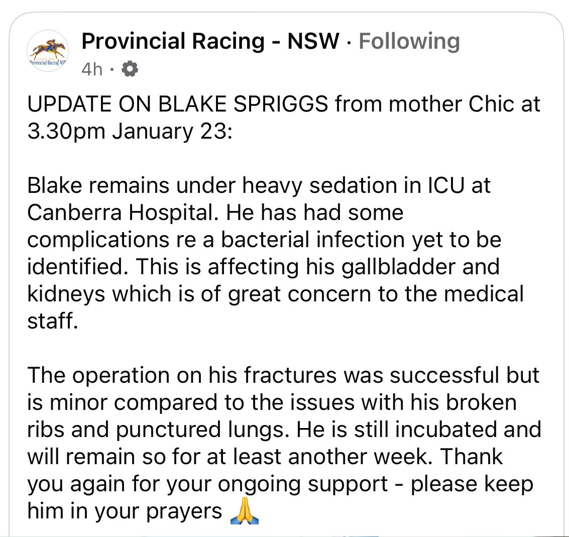 daveystan1's tweet photo. An update on Blake Spriggs from this afternoon.

Puts things in perspective.

Keep fighting mate. Whole industry behind you. https://t.co/6nUMqcPut3
