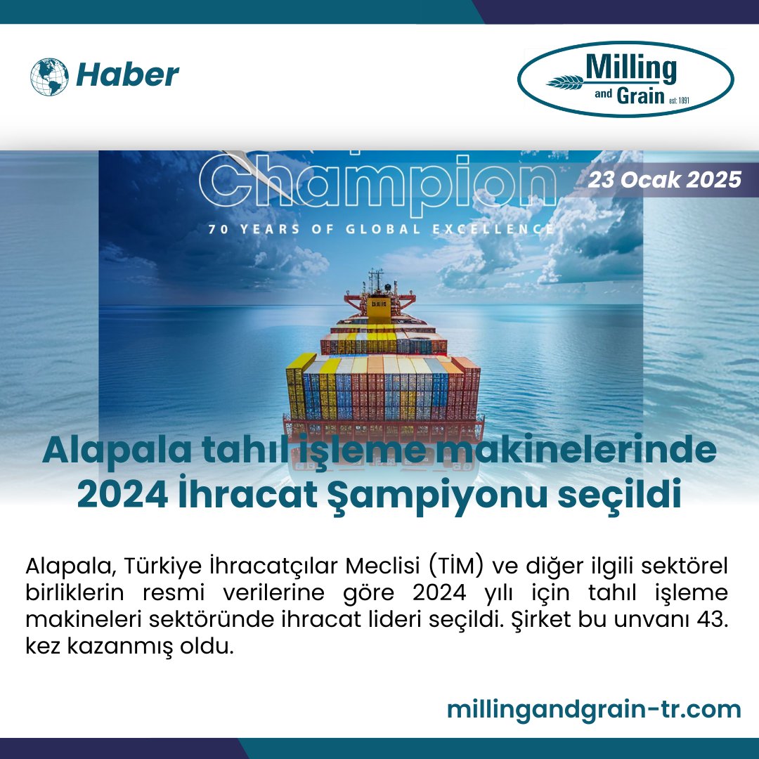 MillingGrain_TR's tweet photo. Alapala, Türkiye İhracatçılar Meclisi (TİM) ve diğer ilgili sektörel birliklerin resmi verilerine göre 2024 yılı için tahıl işleme makineleri sektöründe ihracat lideri seçildi. Şirket bu unvanı 43.kez kazanmış oldu.

https://t.co/K4RYbGKBc4

#Alapala #TahılİşlemeMakineleri #Tahıl https://t.co/Zo9GUeUkde