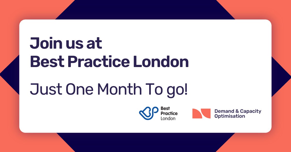 Demand And Capacity Optimisation Tool (@demandcapacity) on Twitter photo Just one month to go until <a href="/BestPracticeUK/">Best Practice</a> London! Visit us at Stand F40 or come see us talk at 11.30am in the Business Services Hub on the first day.
Register for Best Practice London: lnkd.in/eEEcyvRc
#NHS #PrimaryCare #ICB #PCN Just one month to go until <a href="/BestPracticeUK/">Best Practice</a> London! Visit us at Stand F40 or come see us talk at 11.30am in the Business Services Hub on the first day.
Register for Best Practice London: lnkd.in/eEEcyvRc
#NHS #PrimaryCare #ICB #PCN