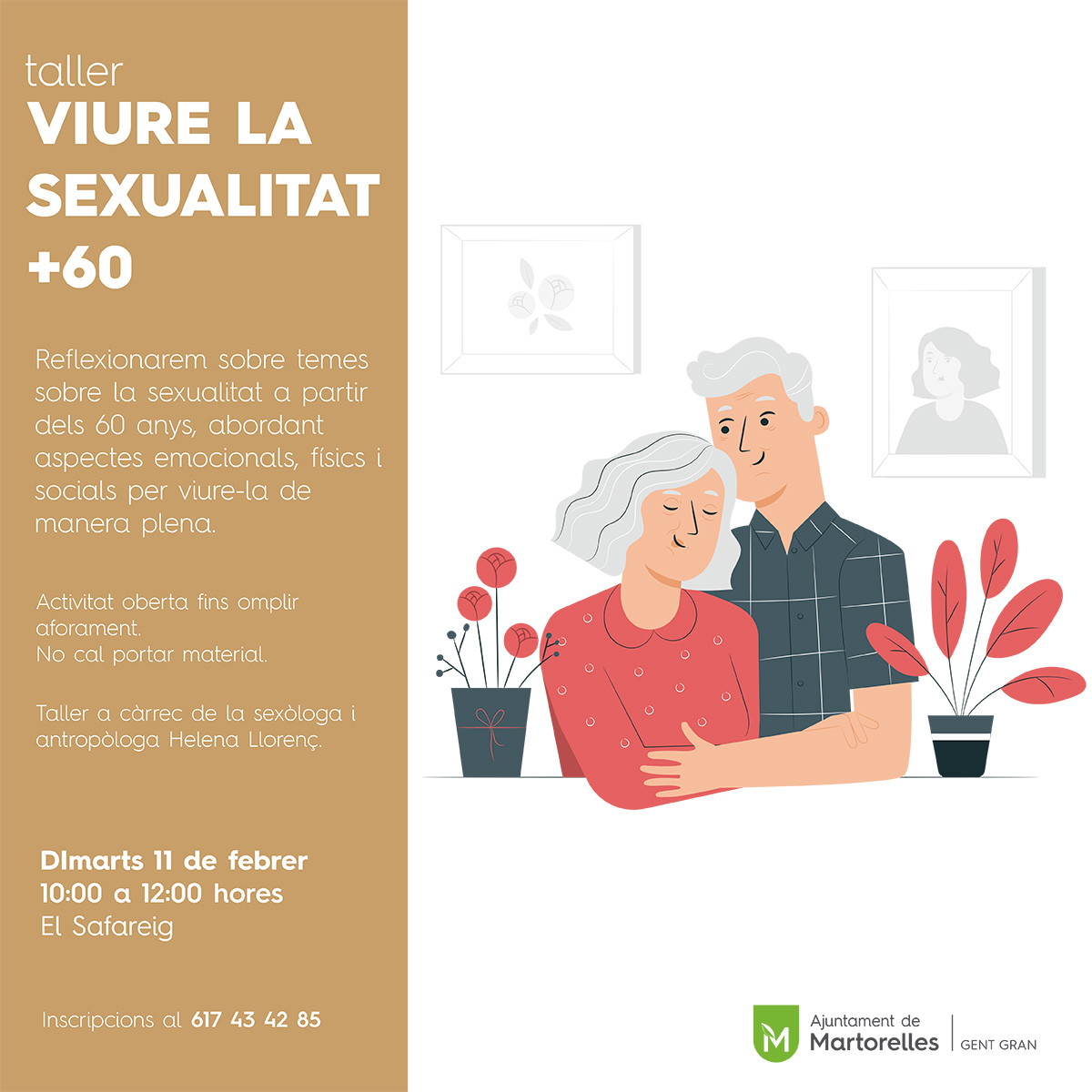 📣 Taller: "Viure la sexualitat +60"

👩‍🦰 A càrrec de la sexòloga i antropòloga Helena Llorenç. 

👉 Reflexionarem abordant aspectes emocionals, físics i socials per viure-la de manera plena.

📅 Dimarts 11 de febrer
🕘 10 hores
📌 El Safareig

#Sexualitat #Gentgran