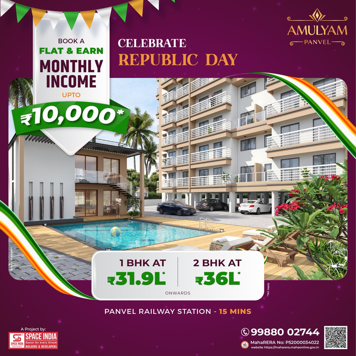 SpaceIndia1's tweet photo. Celebrate Republic Day with a Once-in-a-Lifetime Investment Opportunity!
Book A Flat &amp; Start Earning Monthly Returns up to ₹10,000*
Prime Location – Panvel | Limited Period Offer 
Call us : 9988002744
#SpaceIndia #Amulyam #newpanvel #republicdayoffer #smartinvestment https://t.co/GOjOiwmcLW