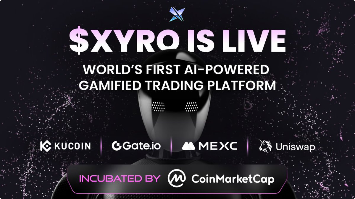 CoinMarketCap's tweet photo. $XYRO is now LIVE! ⚡️

We're thrilled to announce the launch of the @xyro_io token, incubated by @CoinMarketCap and backed by @animocabrands.

🌐 Available now on:
@MEXC_Official - https://t.co/0FLzF3QOo8
@kucoincom - https://t.co/B0G9TgIRDX
@gate_io - https://t.co/NfI3UBsTKy
@Uniswap - https://t.co/dNNCrIy4mc

Get ready for a revolutionary AI-powered gamified trading experience! 👾

👉 Dive into the details on token utility and the exciting future plans for $XYRO: https://t.co/dbgSrCGnLQ

#CMCLabs #Partnership