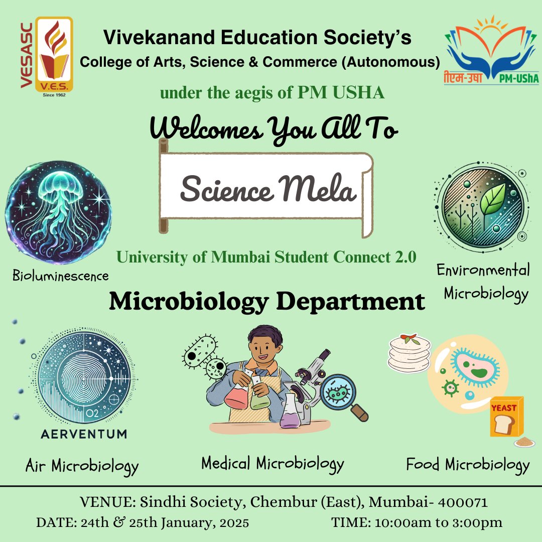 VESASCspeaks's tweet photo. The students and Staff of VESASC organizes SCIENCE MELA for the community under the University of Mumbai School Connect 2.0 and PM USHA grant on 24th &amp; 25th January, 10.00 am - 03.00 pm in the College Campus 

#science #schoolconnect #mumbaiuniversity #mel #magicofscience https://t.co/VokMBbKpDL