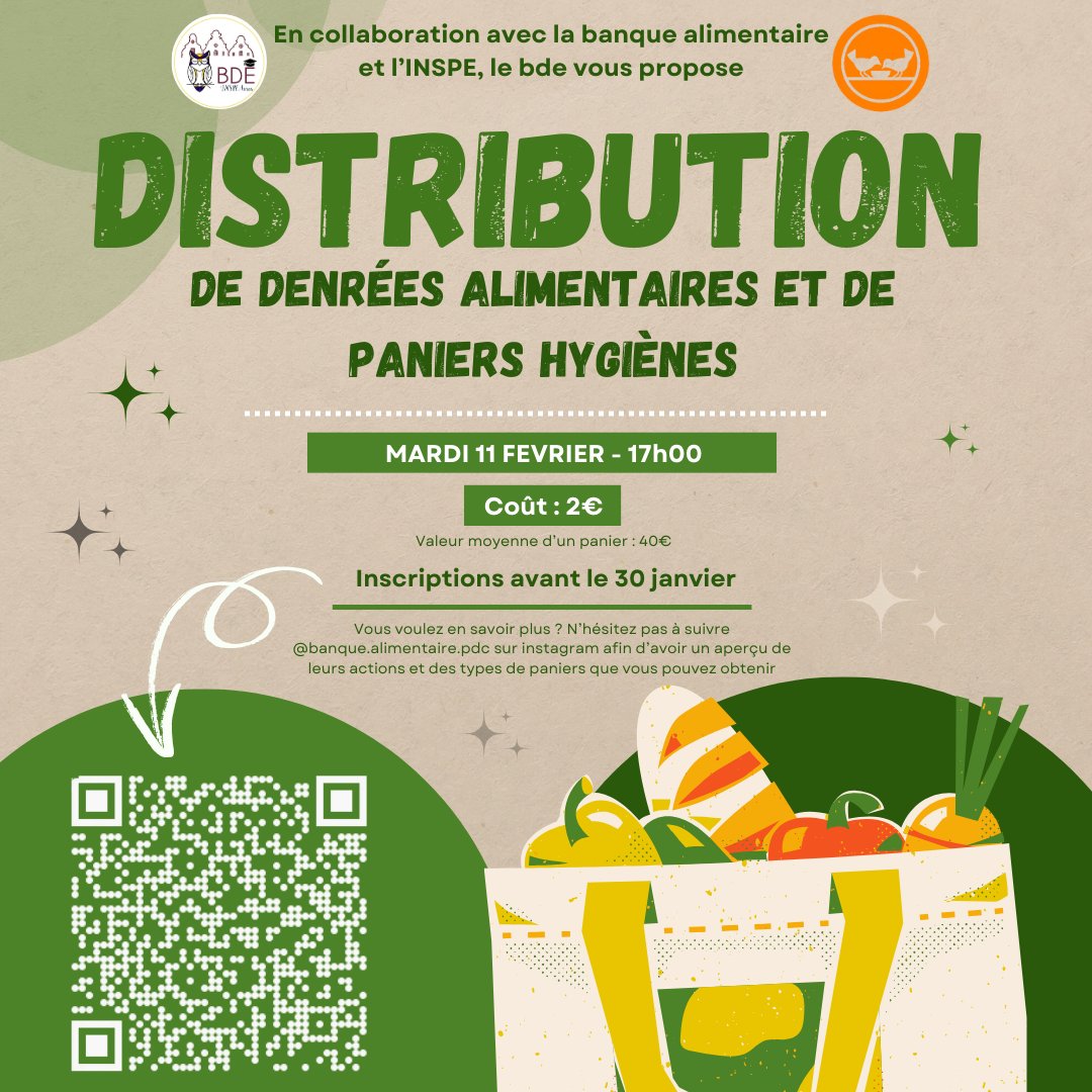 INSPÉ Lille HdF (@inspe_lille) on Twitter photo 🧺 Le <a href="/BDEINSPEARRAS/">BDE INSPE Arras</a>, en collaboration avec le site de formation et la banque alimentaire, organise une distribution de denrées alimentaires auprès de ses étudiants.
🗓️ Le mardi 11 février 2025, à partir de 17h00
📱 Inscriptions via le QR code
<a href="/AcLille/">Académie de Lille</a> <a href="/univ_lille/">Université de Lille</a> <a href="/ReseauInspe/">Réseau des INSPÉ</a> 🧺 Le <a href="/BDEINSPEARRAS/">BDE INSPE Arras</a>, en collaboration avec le site de formation et la banque alimentaire, organise une distribution de denrées alimentaires auprès de ses étudiants.
🗓️ Le mardi 11 février 2025, à partir de 17h00
📱 Inscriptions via le QR code
<a href="/AcLille/">Académie de Lille</a> <a href="/univ_lille/">Université de Lille</a> <a href="/ReseauInspe/">Réseau des INSPÉ</a>