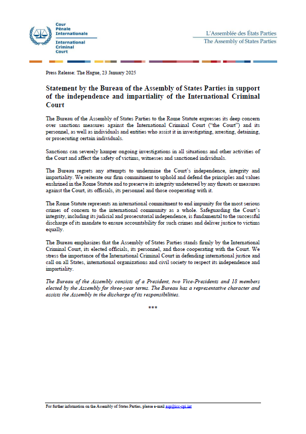 Statement by the Bureau of the Assembly of States Parties in support of the independence and impartiality of the International Criminal Court #ICC #ASP 
asp.icc-cpi.int/node/13447