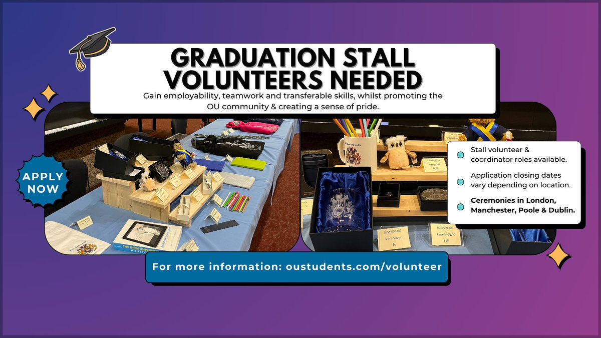👩‍🎓🛒Applications open!  

Promote the OU community, gain key employability skills, and raise funds for charity by applying to volunteer at a graduation near you!✅

🔗Graduation stall volunteer: oustudents.co/40scnsK 

🔗Graduation stall coordinator: oustudents.co/4jmmB6O