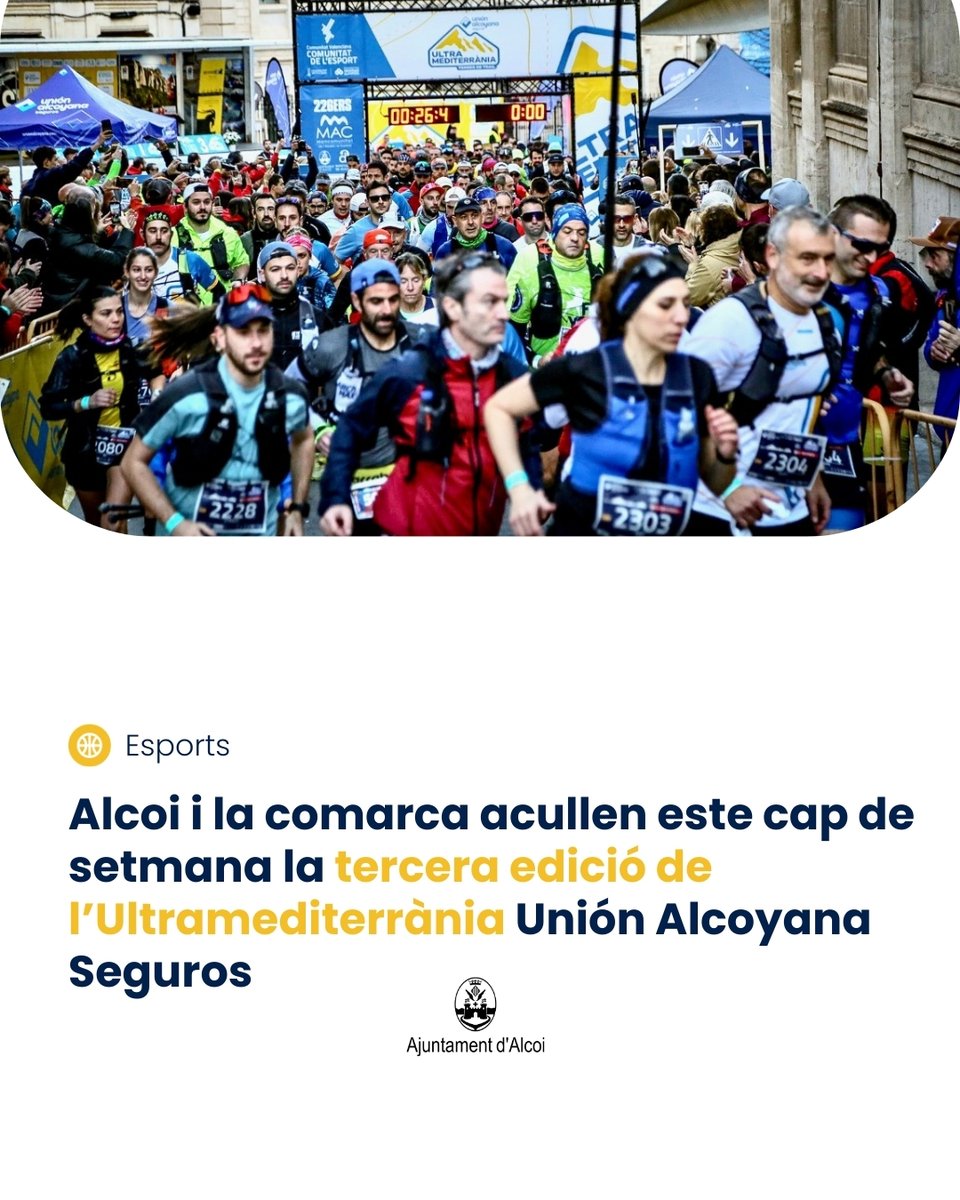 🏔️ L’únic Ultra de 100 milles de la Comunitat Valenciana 🏃‍♂️, noves modalitats inclusives 💪, curses per parelles 👯‍♀️ i molt més!

📅 Del 24 al 26 de gener

🤩 Alcoi serà l’epicentre del trail running internacional durant tres dies.

🔗 alcoi.org/ca/portal/noti…

 #Alcoi
