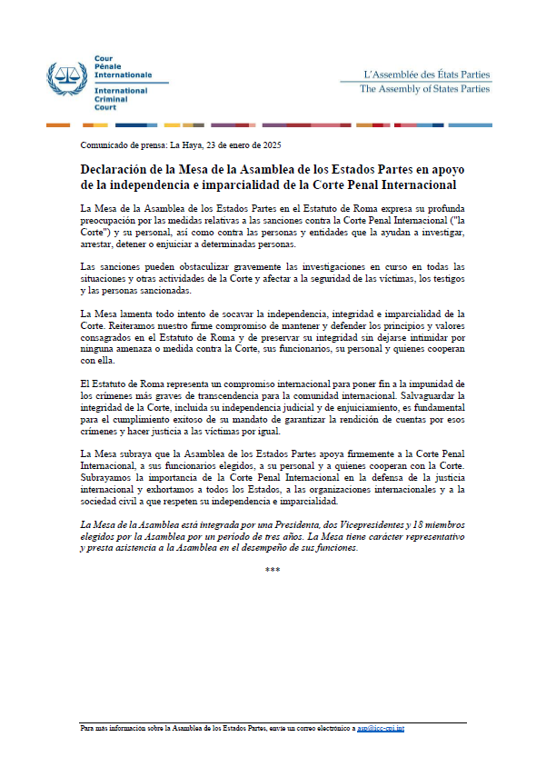 Declaración de la Mesa de la Asamblea de los Estados Partes en apoyo de la independencia e imparcialidad de la Corte Penal Internacional #CPI #AEP
asp.icc-cpi.int/sites/default/…