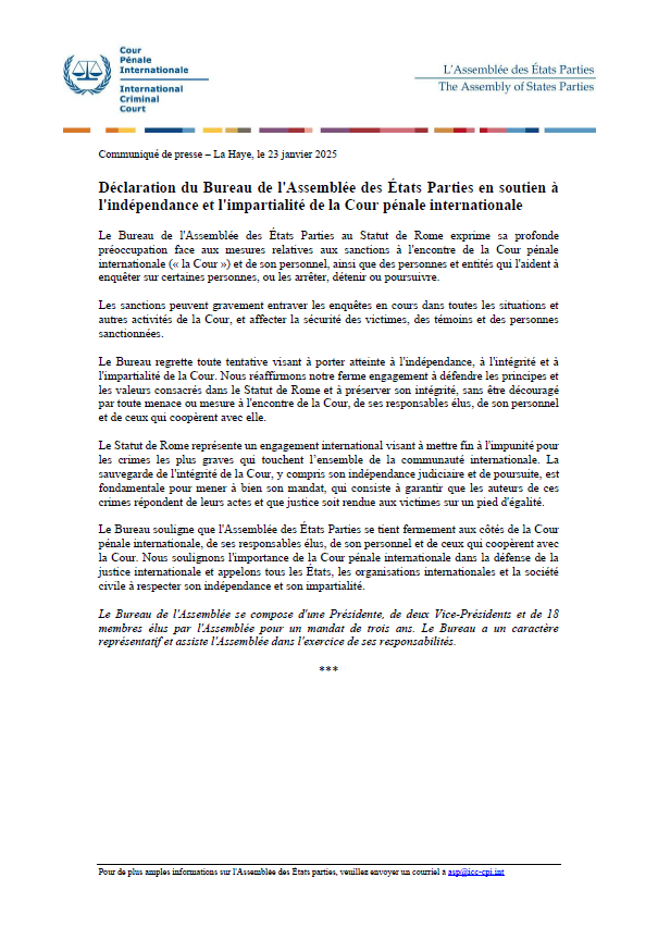 Déclaration du Bureau de l'Assemblée des États Parties en soutien à l'indépendance et l'impartialité de la Cour pénale internationale #CPI #AEP
asp.icc-cpi.int/fr/press-relea…