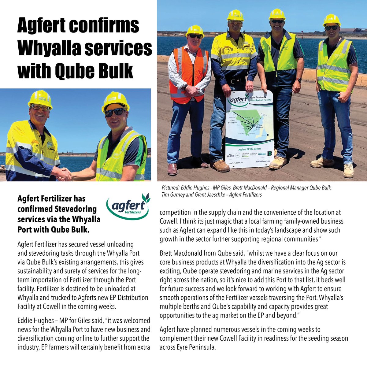 Agfert are pleased to confirm our import arrangements and services via the Whyalla Port with Qube Bulk.

<a href="/QubeHoldings/">Qube Holdings Ltd</a> 
Cleve Rural Traders
Agsave Merchandise Pty Ltd
Nutrien Ag Solutions Wudinna &amp; Ceduna
Lock Agricultural Services
Bawdens Rural
Carrs' Seeds