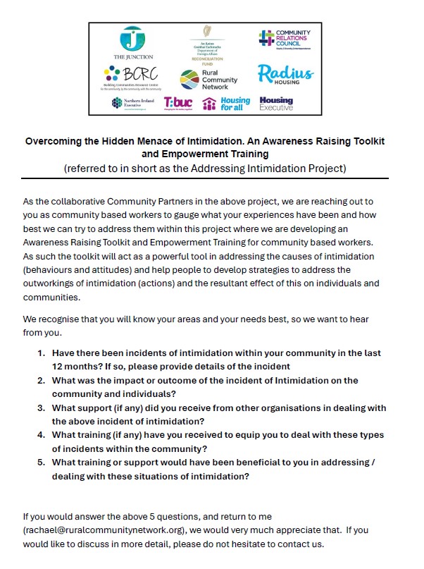 RCN NI (@ruralcommnet) on Twitter photo We have drafted a questionnaire as a mechanism to hear directly from those working on the ground to address intimidation in their communities, to create a toolkit to support those workers. Please return your response by 31st January to rachael@ruralcommunitynetwork.org. We have drafted a questionnaire as a mechanism to hear directly from those working on the ground to address intimidation in their communities, to create a toolkit to support those workers. Please return your response by 31st January to rachael@ruralcommunitynetwork.org.