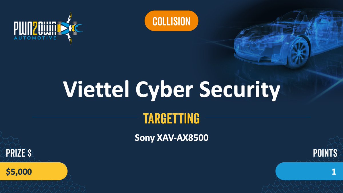 In an #Pwn2Own After Dark entry, the team from <a href="/vcslab/">VCSLab</a> exploited the Sony XAV-AX8500, but the bug they used was previously know. They earn $5,000 and 1 Master of Pwn point. #P2OAuto #Pwn2Own
