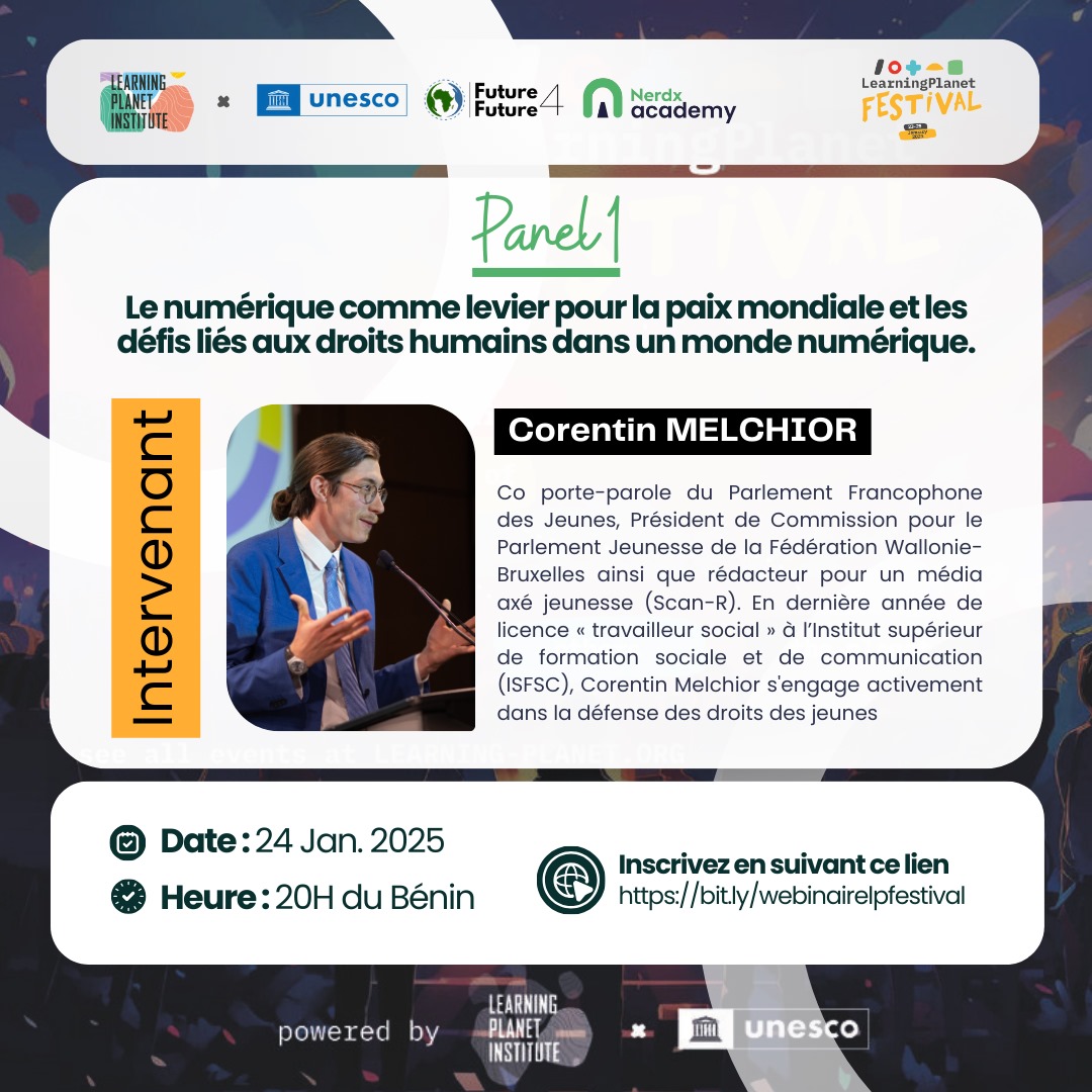 Découvrez nos panelistes à la conférence virtuelle sur la promotion de la paix, des droits humains et la protection de l'environnement à l'ère du numérique, organisée par <a href="/futureforfutur_/">Future for Future</a> à l'occasion du #LearningPlanetFestival2025 avec l'<a href="/UNESCO/">UNESCO 🏛️ #Education #Sciences #Culture 🇺🇳</a> et #NerdXAcademy