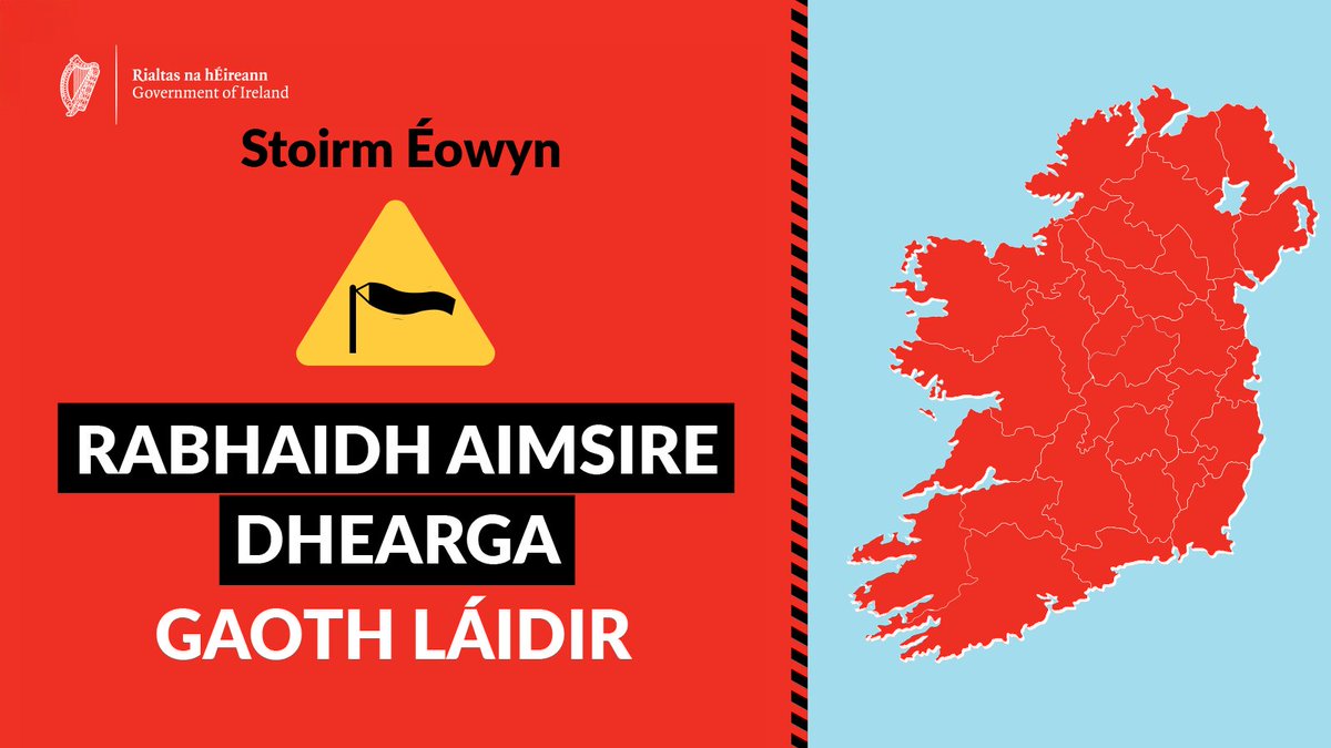 🚨Rabhaidh Aimsire Dhearga
Moltar don phobal gan taisteal in áiteanna a bhfuil rabhadh aimsire dearg i bhfeidhm iontu agus fanacht ar an bhfoscadh le linn na n-amanna seo.
Coinnigh súil ar réamhaisnéisí Met Éireann agus/nó féach ar met.ie.