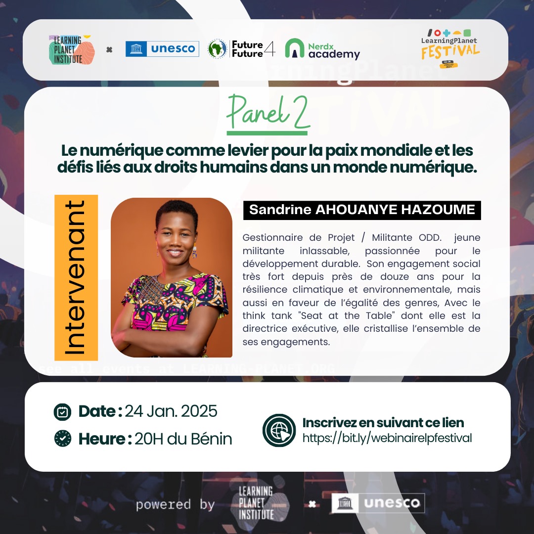 Découvrez nos panelistes à la conférence virtuelle sur la promotion de la paix, des droits humains et la protection de l'environnement à l'ère du numérique, organisée par <a href="/futureforfutur_/">Future for Future</a> à l'occasion du #LearningPlanetFestival2025 avec l'<a href="/UNESCO/">UNESCO 🏛️ #Education #Sciences #Culture 🇺🇳</a> et #NerdXAcademy