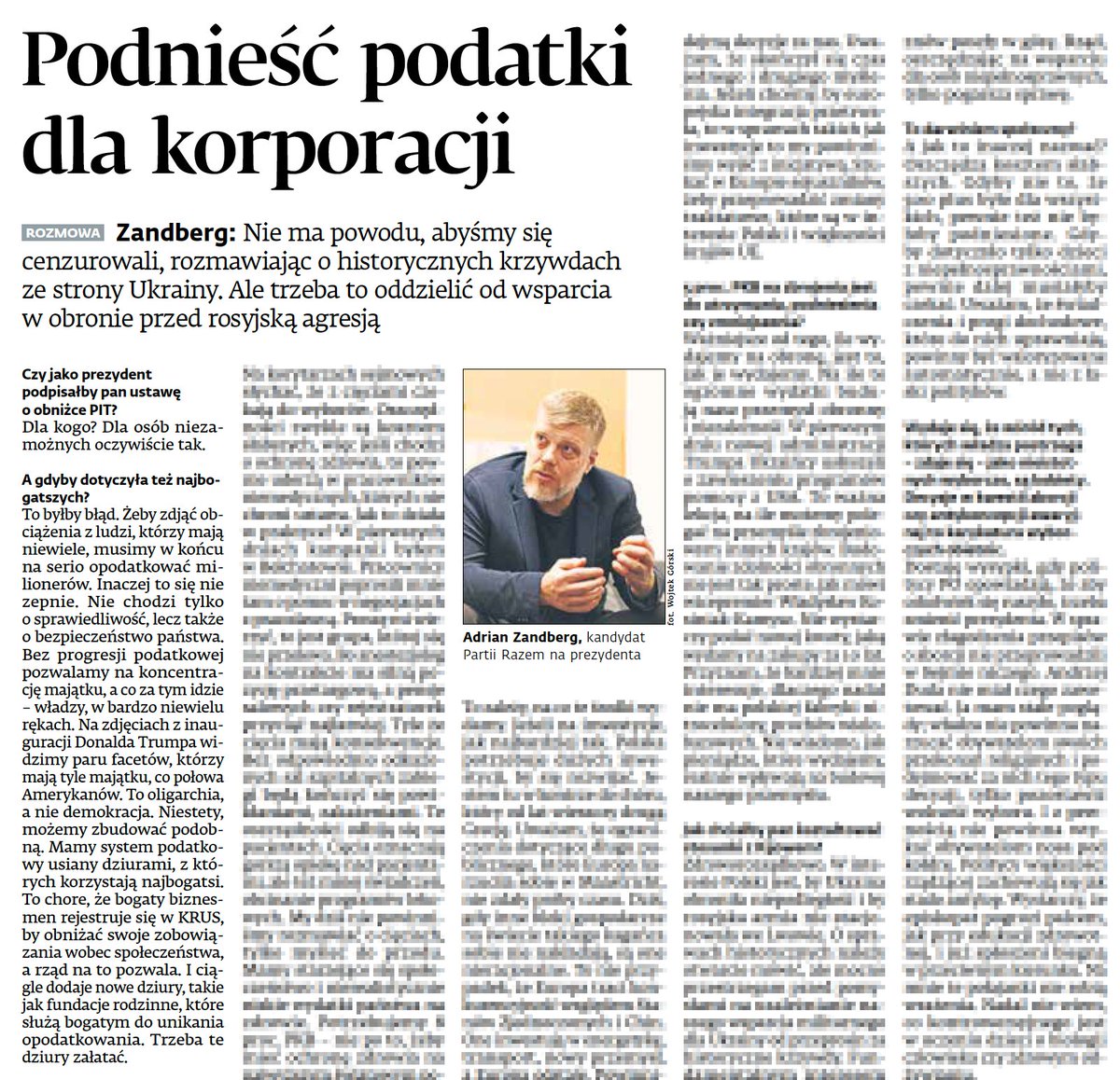 Dziennik Gazeta Prawna (@dgprawna) on Twitter photo ▶️ Żeby zdjąć obciążenia z ludzi, którzy mają niewiele, musimy w końcu na serio opodatkować milionerów. Nie chodzi tylko o sprawiedliwość, lecz także o bezpieczeństwo państwa – mówi DGP poseł <a href="/ZandbergRAZEM/">Adrian Zandberg</a>, kandydat <a href="/partiarazem/">Razem</a> na prezydenta RP.
🖋️ <a href="/KaroKowalsk/">Karolina Kowalska</a> i N. Chinowski ▶️ Żeby zdjąć obciążenia z ludzi, którzy mają niewiele, musimy w końcu na serio opodatkować milionerów. Nie chodzi tylko o sprawiedliwość, lecz także o bezpieczeństwo państwa – mówi DGP poseł <a href="/ZandbergRAZEM/">Adrian Zandberg</a>, kandydat <a href="/partiarazem/">Razem</a> na prezydenta RP.
🖋️ <a href="/KaroKowalsk/">Karolina Kowalska</a> i N. Chinowski
