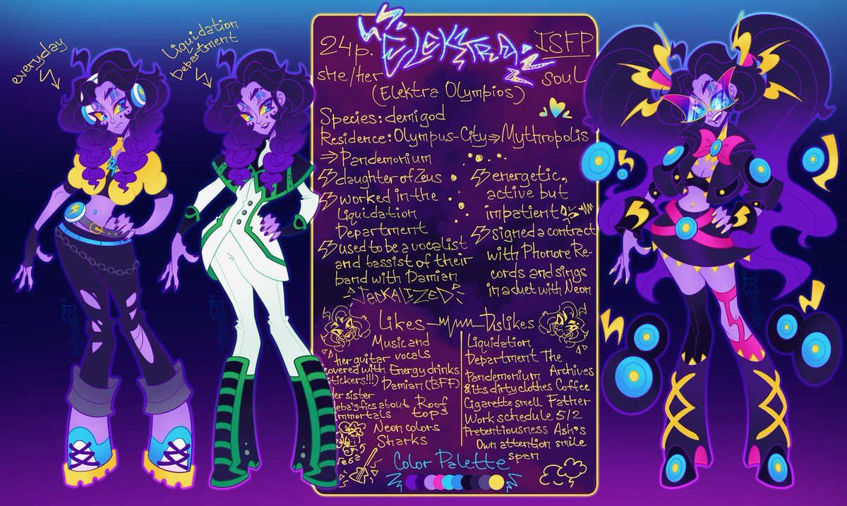 Elektra ref sheet!! ⚡️⚡️⚡️

Sold a part of her soul not to work from 9 to 5 but didn’t know about a saying in Pandemonium: “never EVER under any circumstances do not trust Mr Gramophone Man”

#NewAgeInc