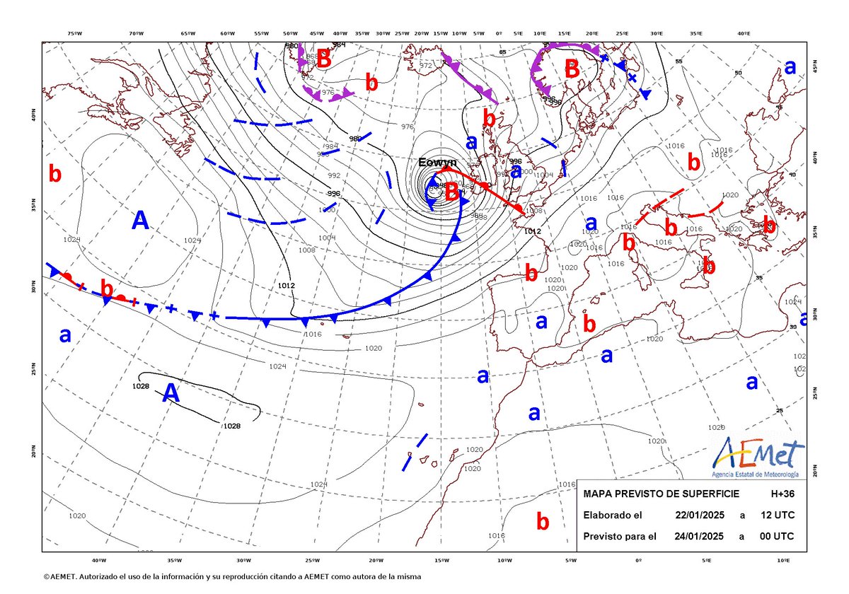 Els mapes d'AEMET mostren una super-explosiva cylogenesis de la baixa Eowyn: la pressió cauria 52 hPa en 24 h, fins 944 hPa, dia 24 a 01 h. Borrasques no tropicals amb pressió central per sota de 940 hPa n'hia ha molt poques, però n'hi ha alguna. El rècord estaria en 914-916 hPa.