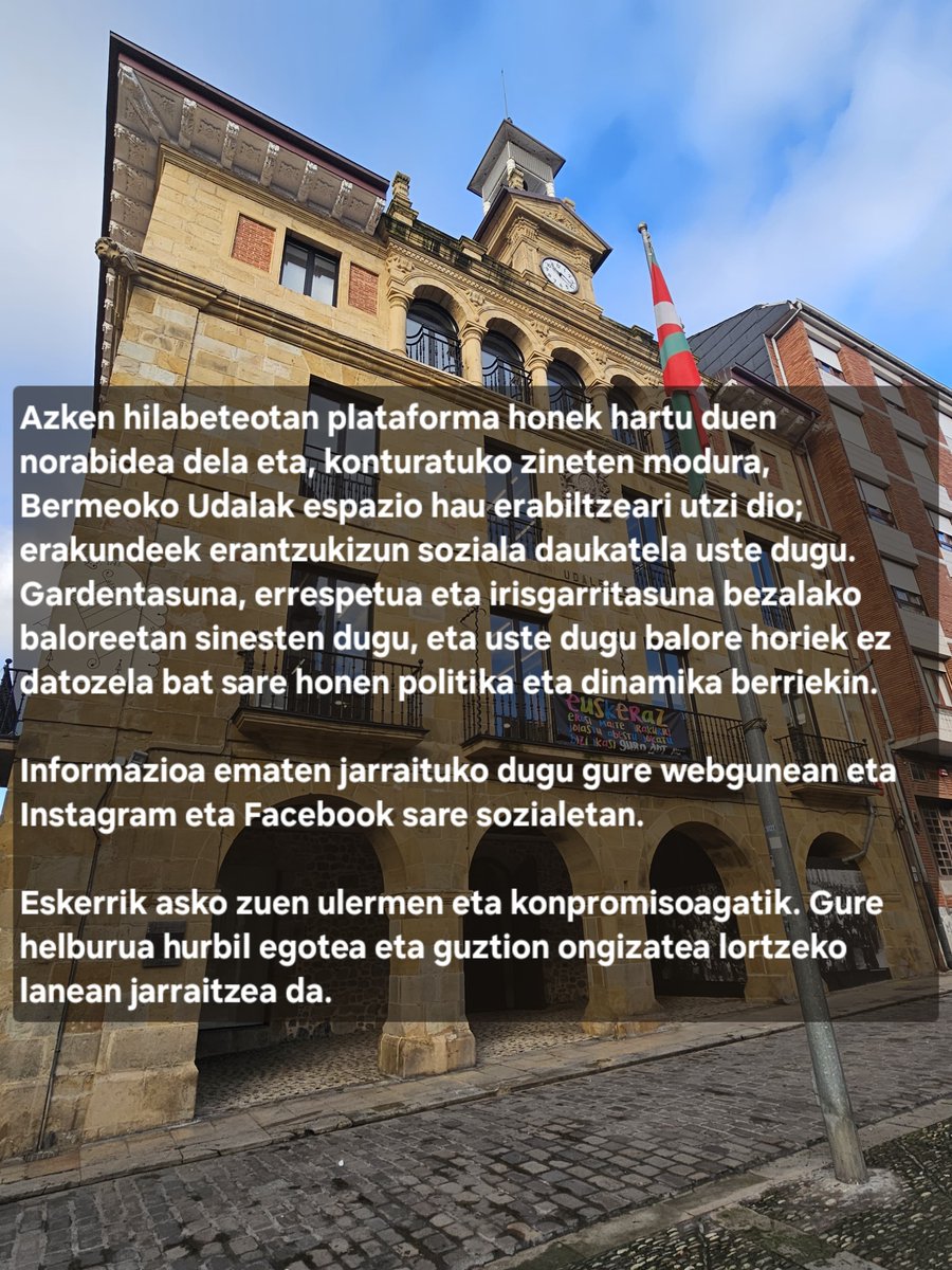Azkenaldian sare honek hartu duen norabidea dela eta, konturatuko zineten modura, Udalak espazio hau erabiltzeari utzi dio. Gardentasuna, errespetua eta irisgarritasuna bezalako baloreetan sinesten dugu, eta  horiek ez datoz bat sare honen politika eta dinamika berriekin.