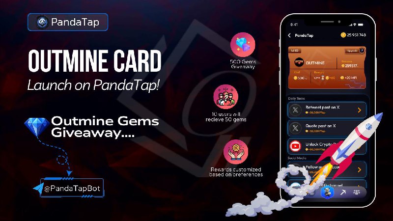 Pandatapcoin's tweet photo. 🎉 Exciting News: Outmine Card Launch on PandaTap! 🐼✨

We’re thrilled to announce an amazing opportunity for PandaTap users to dive into the Outmine Mini App and start earning rewards while playing the Outmine Game!

💎 Outmine Gems Giveaway:
Outmine is giving away 500 Gems in total!
Here’s how it works:

10 users will receive 50 Gems each to use in the Outmine Mini App.

🎯 Participation Details:
Here’s how you can qualify for the @playoutmine   Gems:
1️⃣ Connect your TON wallet in PandaTap Mini App.
2️⃣ Upgrade the Outmine Card to Max Level.
3️⃣ Quote Tweet about the Outmine project.
4️⃣ Follow Outmine on X.
5️⃣ Join the Outmine Telegram Channel.
💡 Rewards Options:
Rewards can be customized based on your preferences, including:

🔈 Take Action Now!
Don’t miss your chance to claim Outmine Gems and boost your gaming experience. Engage, upgrade, and share within the PandaTap community to unlock the full potential of your Outmine journey!
🔥 Together, we’re making blockchain gaming smarter, more rewarding, and incredibly fun. Don’t miss out on the excitement—
Join! https://t.co/Kl2Hq48YPN