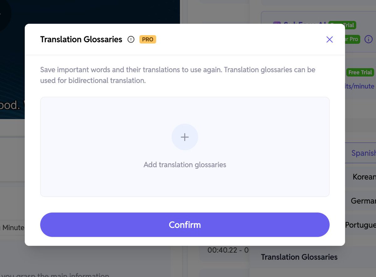 SubEasy_AI's tweet image. 🚀 New on SubEasy: Translation Glossaries! 🎉

Customize your translations by defining important words and their meanings for consistent, accurate results. Perfect for bidirectional translations! 🎧✨

👉 Try it now: subeasy.ai
#SubEasy #AITranslation #Productivity