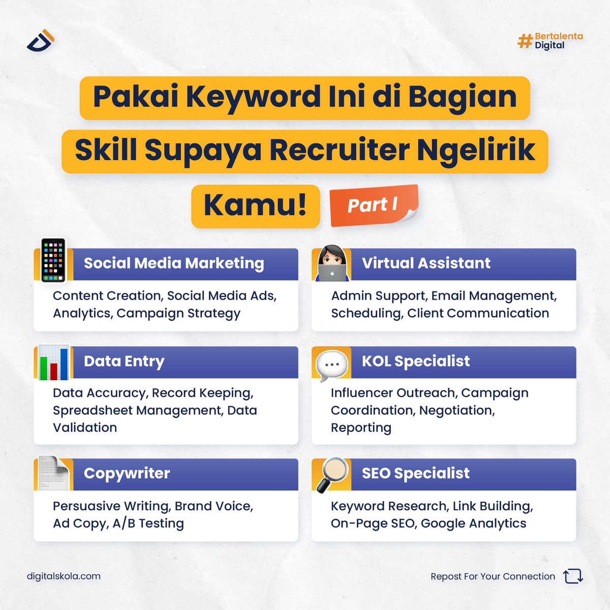 digital_skola's tweet image. Mau CV kamu stand out di mata recruiter? ✨
‌
Kamu bisa masukkan keyword ini di bagian skill CV kamu biar makin dilirik! Tapi ingat, jangan cuma nulis ya, pastikan kamu benar-benar punya skill-nya! 😉
‌
Punya rekomendasi lain? Yuk, komen di bawah!
‌
#digitalskola #tipscv