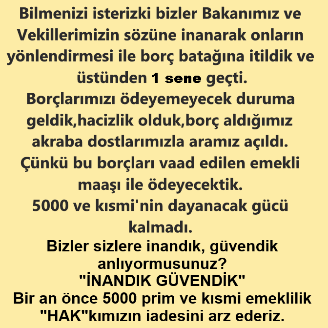 KuralayIsmihan's tweet photo. @ozgurerdursun ⭐VERİLMEYEN HAK⭐
🩸08.09.1999 ÖNCESİ
🩸5000 Prim 20/25 yıl 
🩸3600 Kısmi 50/55 yaş
Emeklilik HAK Mağdurları/
⏬
@RTErdogan
@TBMMGenelKurulu @TBMMresmi @TbmmMv
@csgbakanligi @tcailesosyal
@HMBakanligi @iletisim
⏬
#5000VeKısmiyiMağdurEdenlerÇözsün
#EytBitmedi https://t.co/bp0dXZ2XxI
