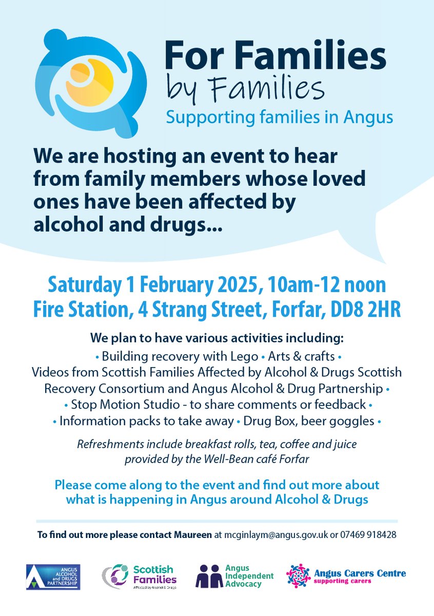 Supporting families in Angus – For Families by Families - Join us in Forfar!

Is your life affected by somebody else’s drug &amp; alcohol use? This FREE event is open to ALL families in Angus! Whether you’re looking to learn about the support available, have a chat or get involved.🔽