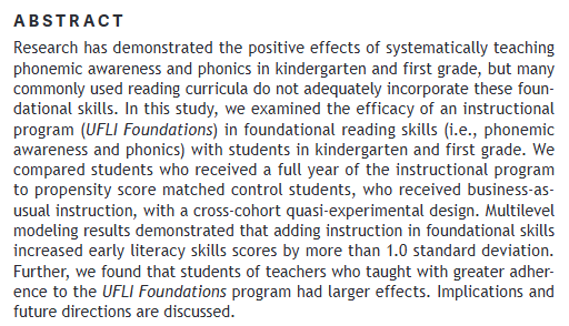DTWillingham's tweet image. U of Fl developed phonics/phonemic awareness program for K-1 shows dramatic results, as measured by DIBELS. Some quirks in the study: control is perf in a different year, spanning pandemic, &amp;amp; analysis limited to low-performing Ss. Still, v encouraging. researchgate.net/publication/38…