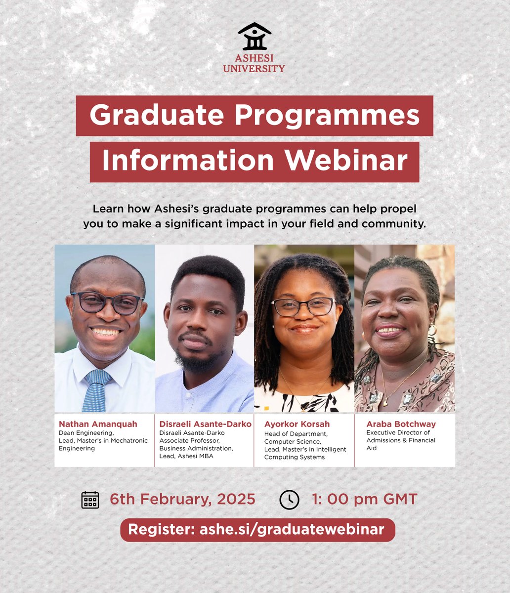 Ashesi's tweet photo. Join us on February 6 at 1:00 pm to learn how Ashesi's graduate programmes can help propel you to make a significant impact in your field and community. Register here: https://t.co/CK9Zys7Bmo

#atAshesi https://t.co/nBnilv5hFJ