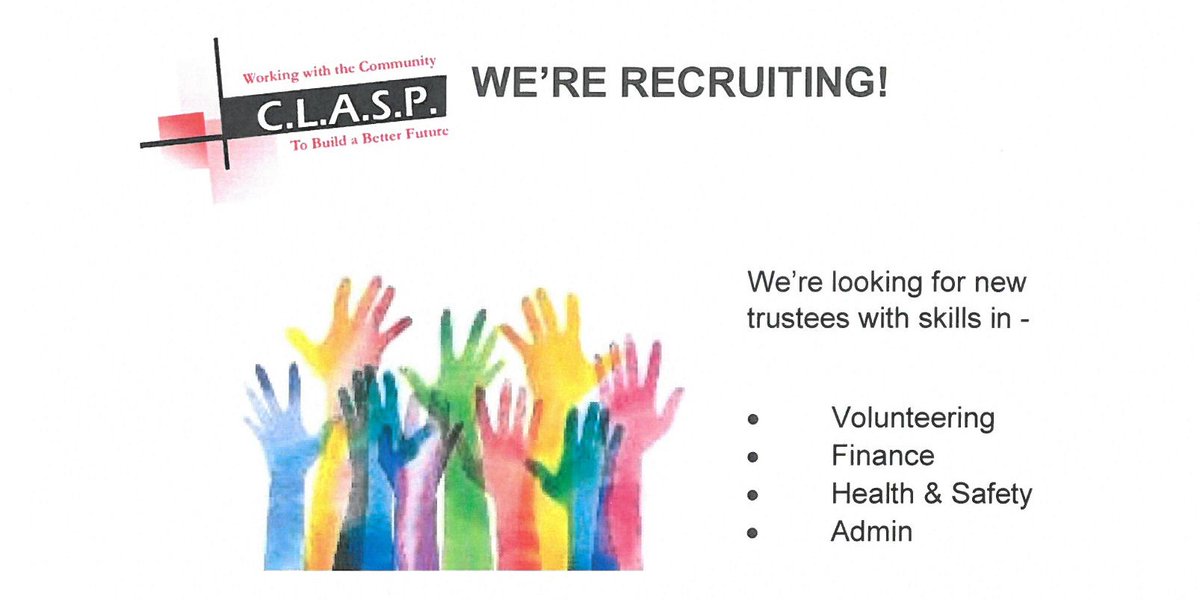 CLASP_Project's tweet image. here at CLASP we are looking for volunteer trustees for our fantastic charity. 
Contact rosemary@clasps.org.uk for more info or call 01294 602711 option 4