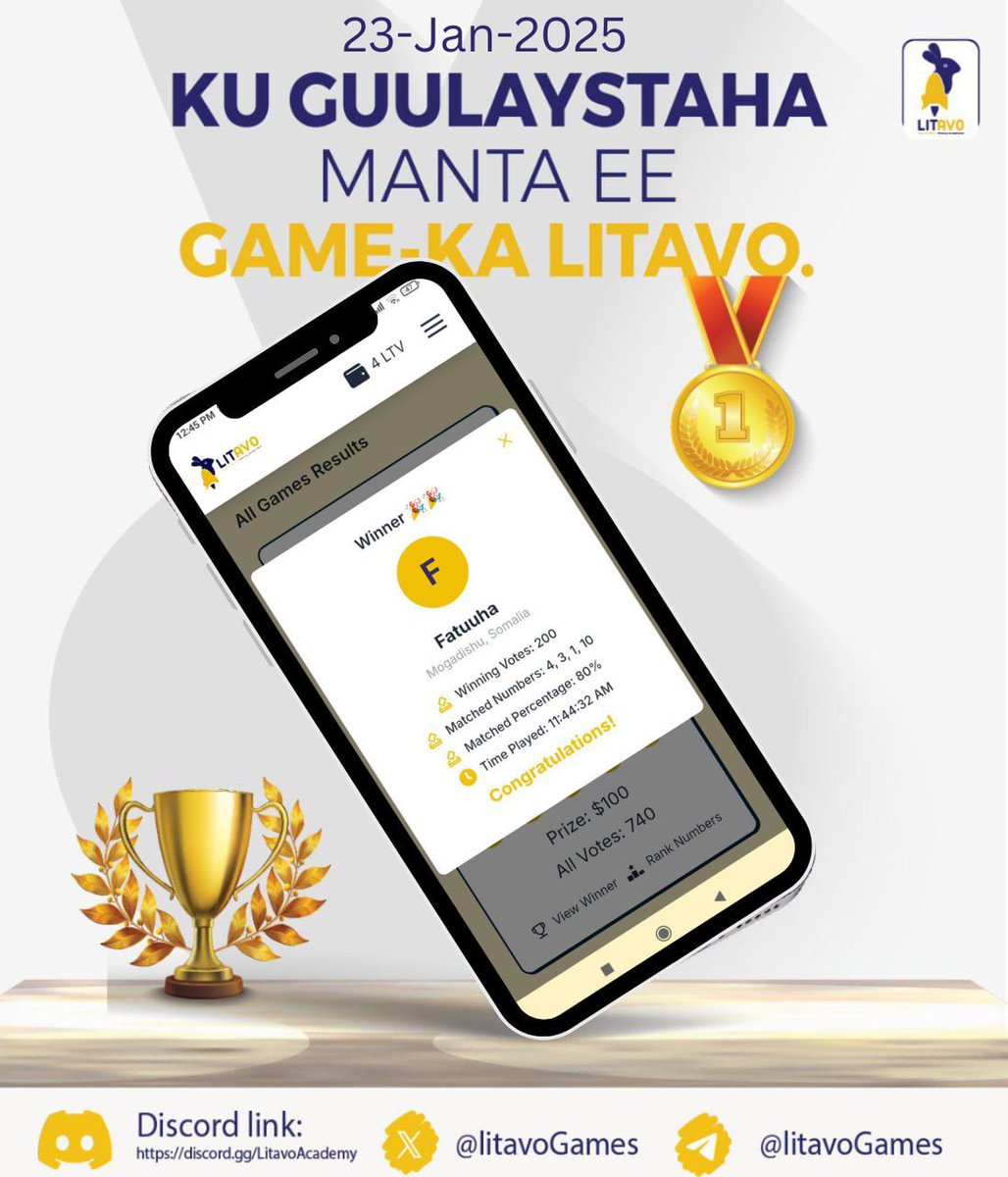 litavoGames's tweet photo. Fatuuha, waa gabadhii ugu horeysay oo game-kan lagu cimaamaday. Waxaan leenahay hambalyo Fatuuha.

Aad iyo aad ayaan ugu faraxsnhy in Fatuuha ay soo baxdo. Habeen dambe ayaan qeybin doonaa lacagaha qof weliba uu ku guuleystay. https://t.co/Un1Foch8CP