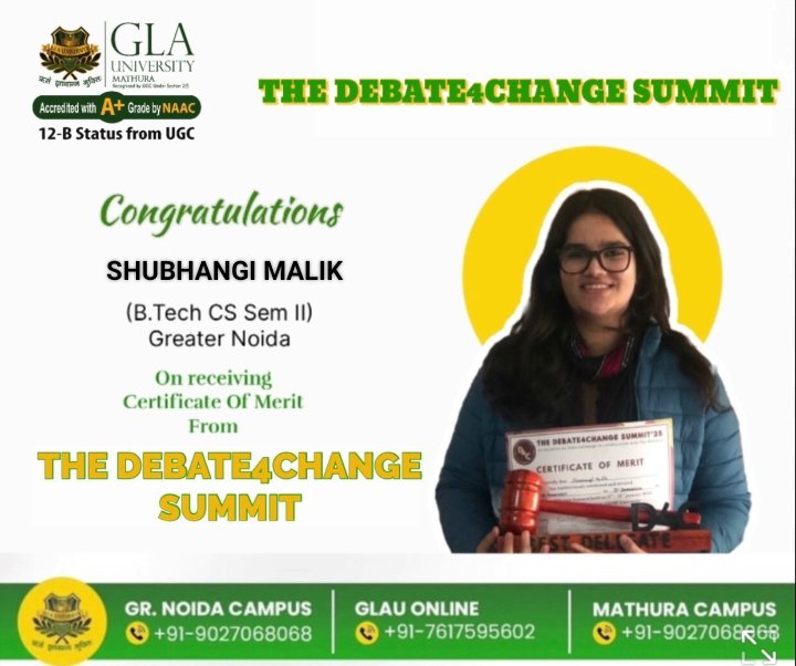 gla_noidaa's tweet photo. Raising the bar, one word at a time! 🏆✨ Congrats on conquering the Debate 4 Summit &amp; earning the Certificate of Merit. Your words inspired, your voice resonated, &amp; your passion shone bright! 🌟 #DebateChampion #ProudMoment #CertificateOfMerit #GLAUniversity #GLAU https://t.co/JS0Q82AAf9
