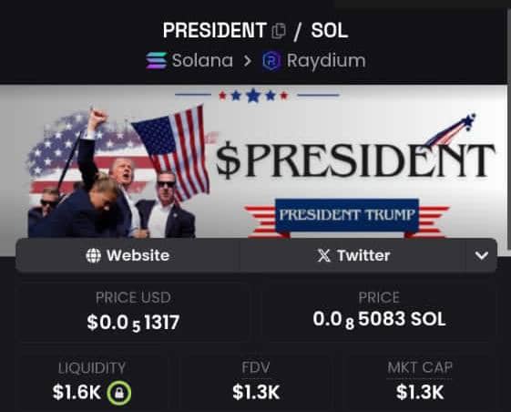 MbamAlbert's tweet photo. I just got my hands on the "President" Degen ticker, a Solana meme coin supporting Trump's presidency. 1k MC and DEV has already sold! Join the wild ride, fueled by meme culture and Trump hype! CA: G5jG3xn2JoiTifT9gUQZ5xUf6oDETscssGRJ4haWASc5

#Trump #president #solana #Elon https://t.co/yzEeQCAlaE