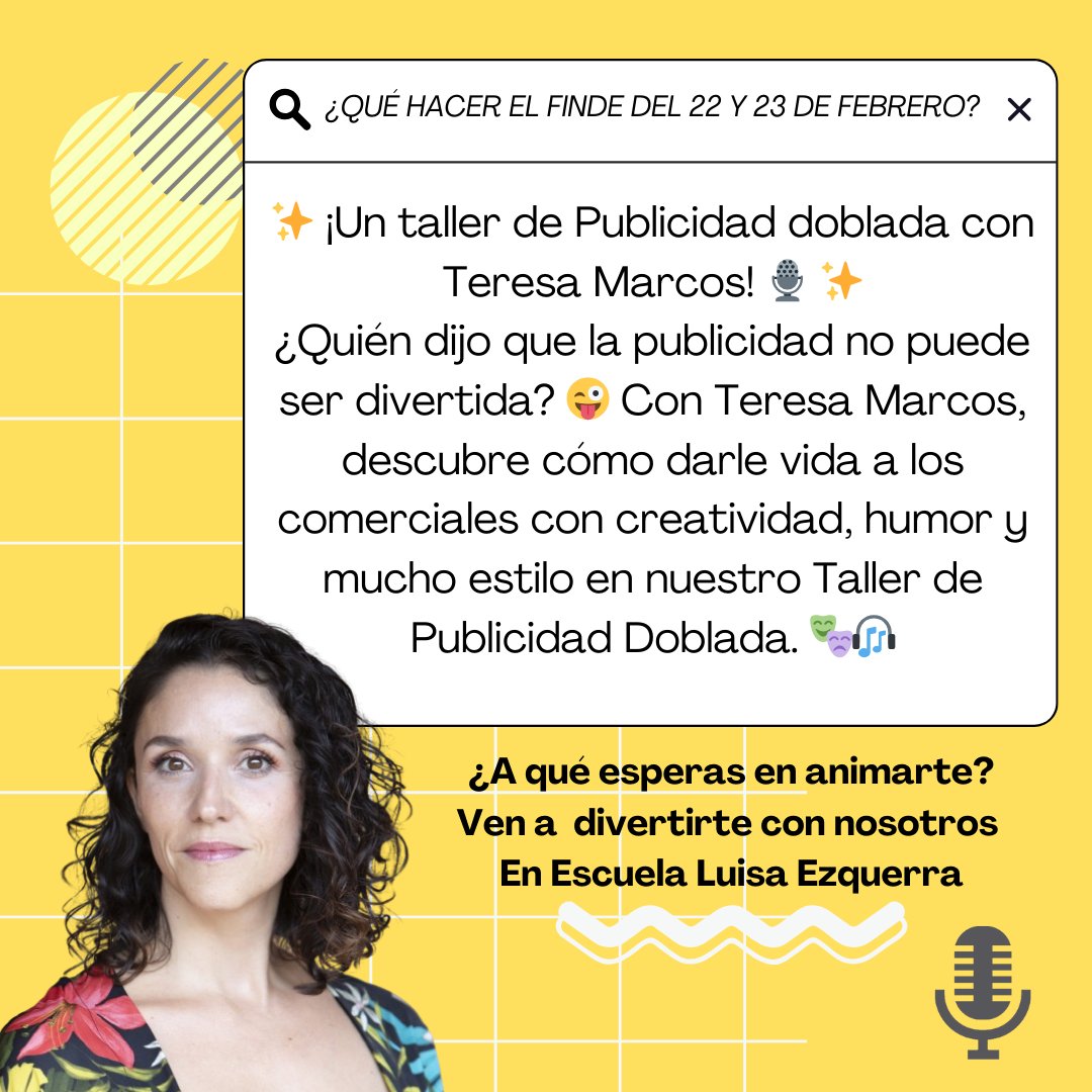 🎙️ ¿Publicidad y diversión? ¡Claro que sí! Descubre cómo doblar comerciales con estilo en el Taller de Publicidad Doblada de Teresa Marcos.
🗓️ 22 y 23 de febrero 
📍 Madrid
🎟️ ¡Reserva tu plaza!
¡La publicidad doblada se disfruta más! 😄
#PublicidadCreativa #DoblajePublicitario