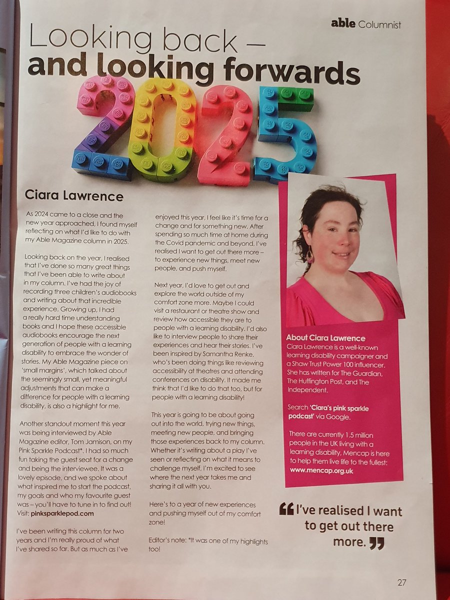 ciaraspinkpod's tweet photo. Yay!  😀 I've just seen the latest copy of @ablemag &amp; my column is on page 27! #AbleMagazine 
&amp;:The theme of my column this time is,  " Looking back - and looking forwards to 2025 " https://t.co/waOQV21IzX
