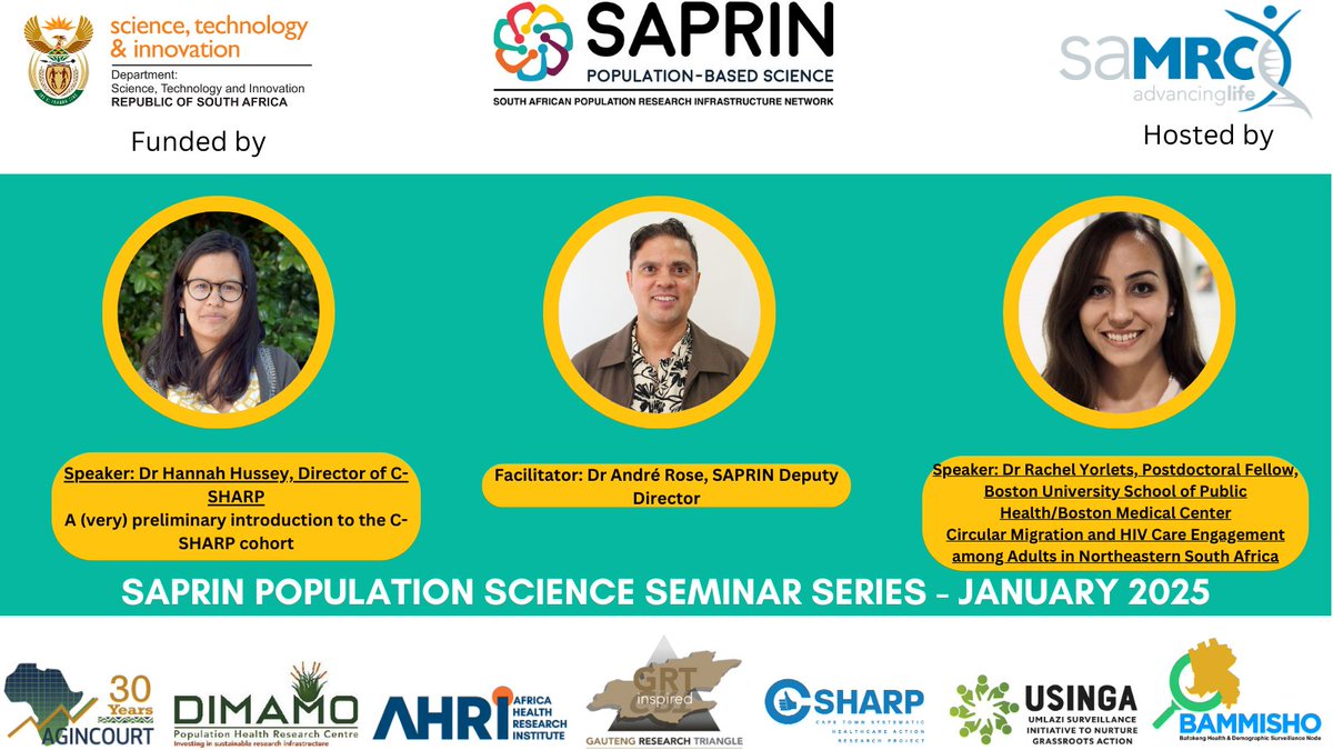 SAPRIN (@saprin_mrc) on Twitter photo SAPRIN hosted its first monthly Population Science Seminar Series for 2025, yesterday. Dr Hussey presented a very preliminary introduction to the C-SHARP cohort & Dr Yorlets presented on Circular Migration & HIV Care Engagement. To join e-mail saprin@mrc.ac.za
<a href="/MRCza/">SAMRC</a>
<a href="/dstigovza/">DEPARTMENT OF SCIENCE,TECHNOLOGY & INNOVATION</a> SAPRIN hosted its first monthly Population Science Seminar Series for 2025, yesterday. Dr Hussey presented a very preliminary introduction to the C-SHARP cohort & Dr Yorlets presented on Circular Migration & HIV Care Engagement. To join e-mail saprin@mrc.ac.za
<a href="/MRCza/">SAMRC</a>
<a href="/dstigovza/">DEPARTMENT OF SCIENCE,TECHNOLOGY & INNOVATION</a>