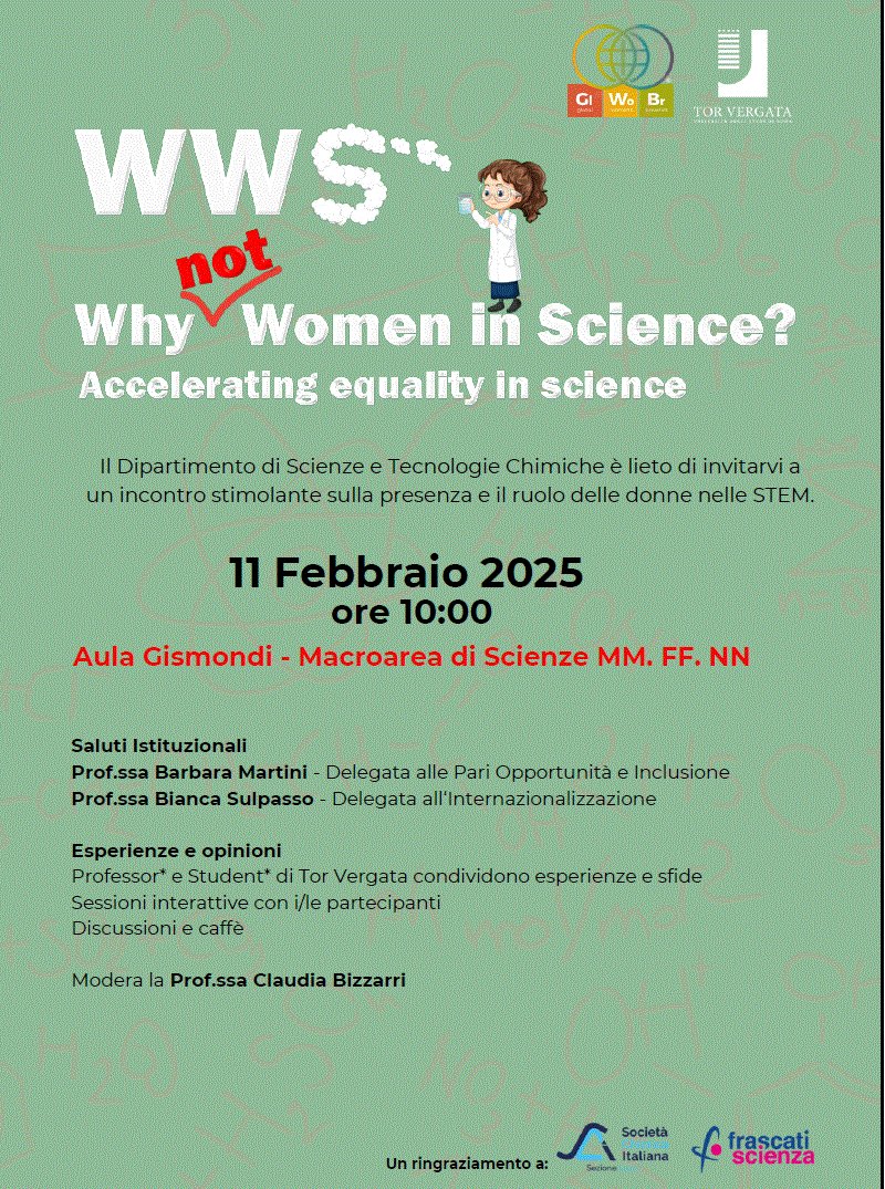 RiccardoSalvio's tweet photo. Al Dipartimento di Scienze e Tecnologie Chimiche (#DSTC) dell'Università di Tor Vergata per la parità di genere nelle discipline scientifiche... 11 Febbraio pv ... https://t.co/ZWYIrhacBl