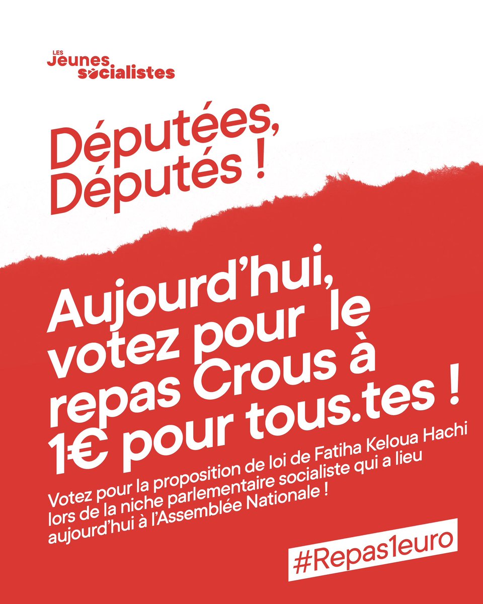 📣 Députées, députés : aujourd’hui, des millions de jeunes vous regardent.

Vous avez le pouvoir d’agir contre la précarité étudiante en votant pour le #Repas1euro pour toutes et tous !

<a href="/KelouaF/">Fatiha Keloua Hachi</a> défendra aujourd’hui cette proposition de loi, ne nous décevez pas ! ✊

#LoisSOC