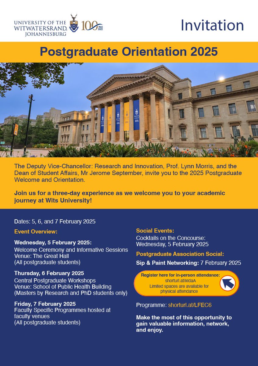 INVITATION | POSTGRADUATE STUDENTS ONLY 🏛🎉

You are invited to a three-day Postgraduate Orientation to kick-start your academic journey.

Join us for an enriching experience as we guide you through key academic insights, provide networking opportunities, and help you connect
