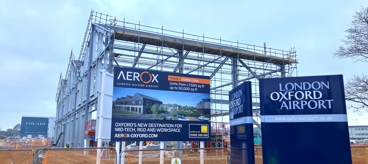 The #londonoxfordairport #AEROX technology park is coming along fast with the steels for the first unit almost complete.  Alongside building No.1 will be a retail unit with a coffee outlet and both should be completed later this summer #investment #growth aerox-oxford.com