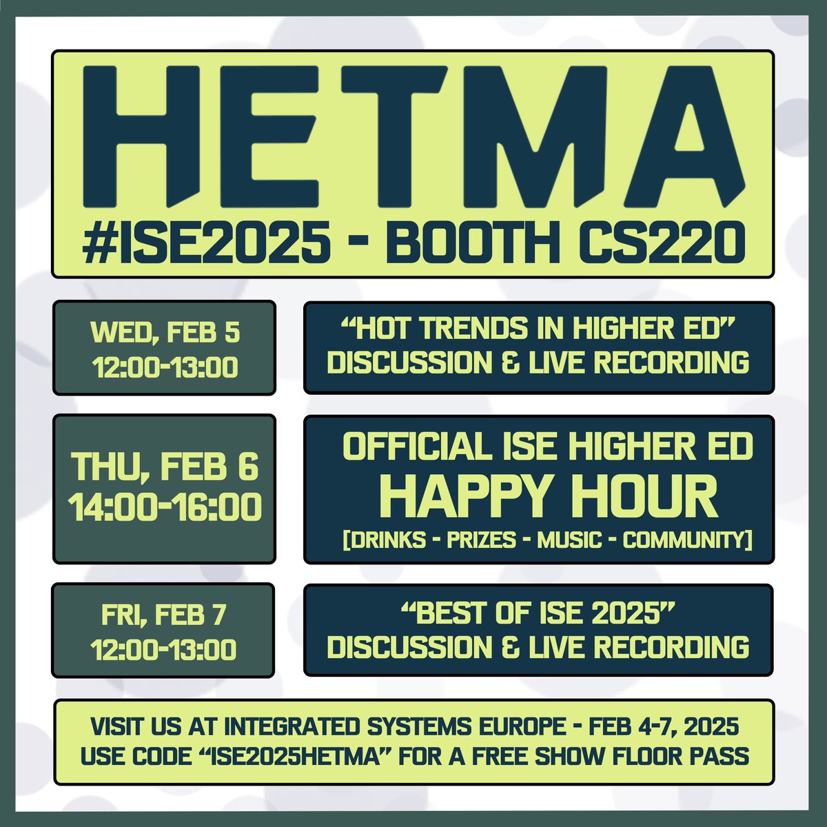DailyDOOH's tweet photo. IMHO the must attend #ISE2025 networking events: -

1. @AVNationTV @HDBaseT #AVTweetup
2. @CTIAV Tech on Tap
3. @LibAV Lunch
4. #WomenInAV @AVIXAWomen @AvixaDiversity Mixer and Meetup
5. Official @HETMA_org Higher Ed Happy Hour

... all detailed here https://t.co/pZp6HFweCx https://t.co/w8zM3IOI3C