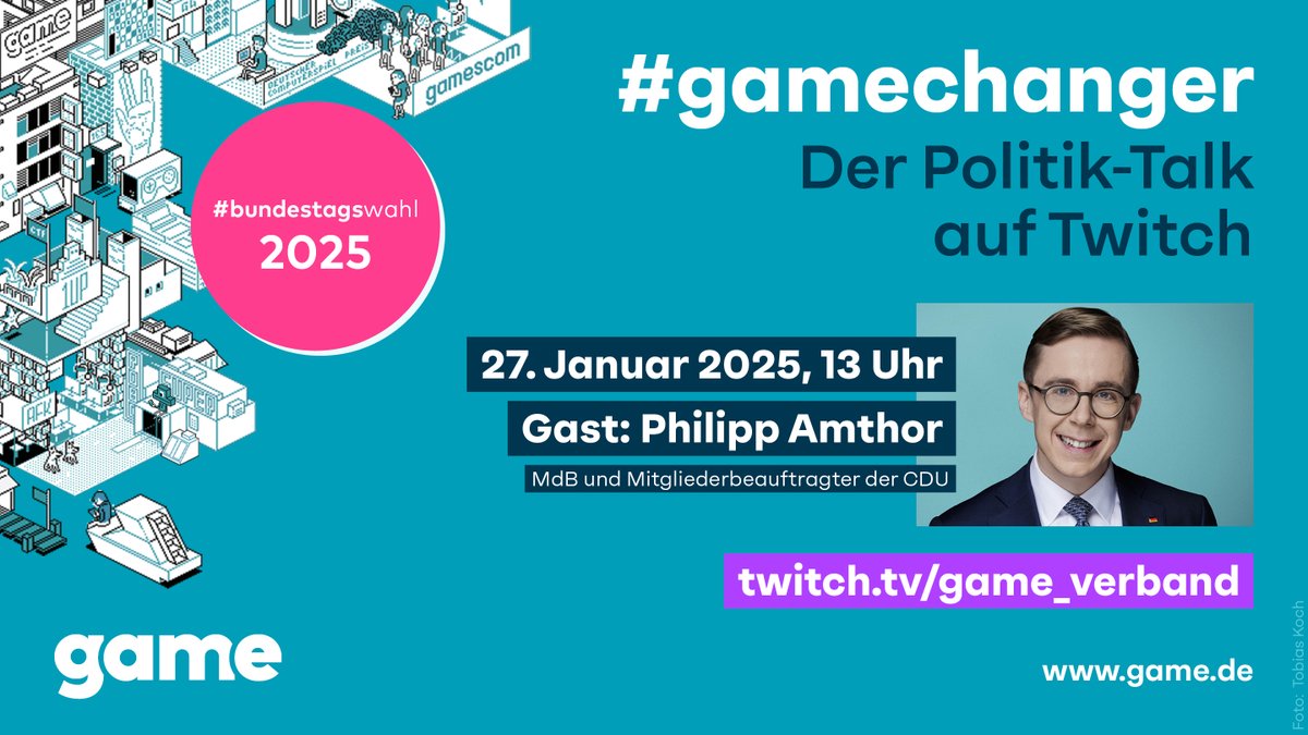 game_eV (@game_verband) on Twitter photo Am 27. Januar um 13 Uhr begrüßen wir Philipp Amthor von der <a href="/CDU/">CDU Deutschlands</a> im #gamechanger-Talk live auf <a href="/TwitchDE/">Twitch DE</a> & sprechen mit ihm über die #Bundestagswahl2025 & welche Schwerpunkte die #CDU setzen möchte.
Ab 12:30 Uhr starten die Pre-Show mit <a href="/freiraumreh/">freiraumreh | Kim 🌈 she/her</a>: twitch.tv/game_verband Am 27. Januar um 13 Uhr begrüßen wir Philipp Amthor von der <a href="/CDU/">CDU Deutschlands</a> im #gamechanger-Talk live auf <a href="/TwitchDE/">Twitch DE</a> & sprechen mit ihm über die #Bundestagswahl2025 & welche Schwerpunkte die #CDU setzen möchte.
Ab 12:30 Uhr starten die Pre-Show mit <a href="/freiraumreh/">freiraumreh | Kim 🌈 she/her</a>: twitch.tv/game_verband