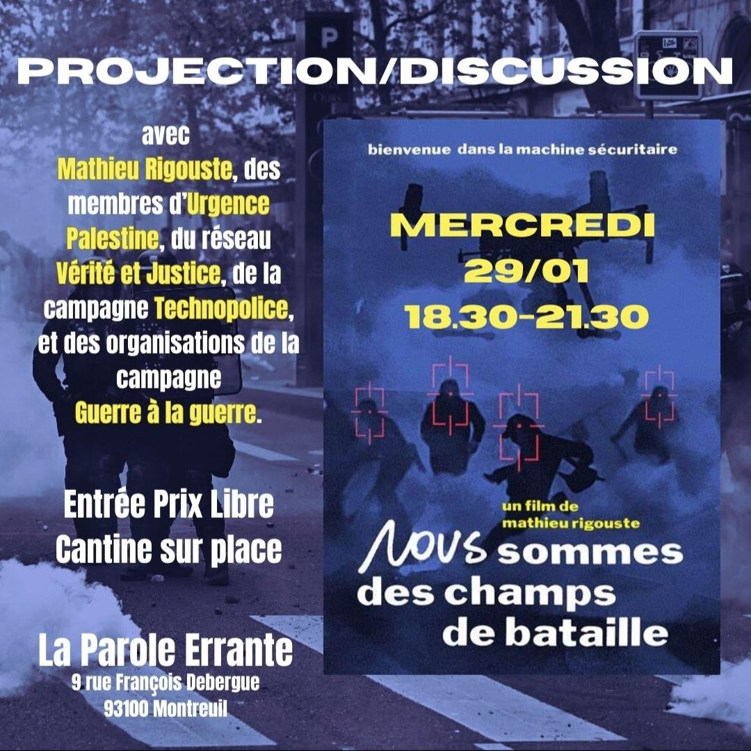 On se voit mercredi 29 janvier, pour la première projection publique de "Nous sommes des champs de bataille" à Paris🔥

➡️suivie d'une discussion avec des collectifs en lutte sur ces questions

Si vous n'êtes pas dispo, le film est aussi visible sur noussommesdeschampsdebataille.net