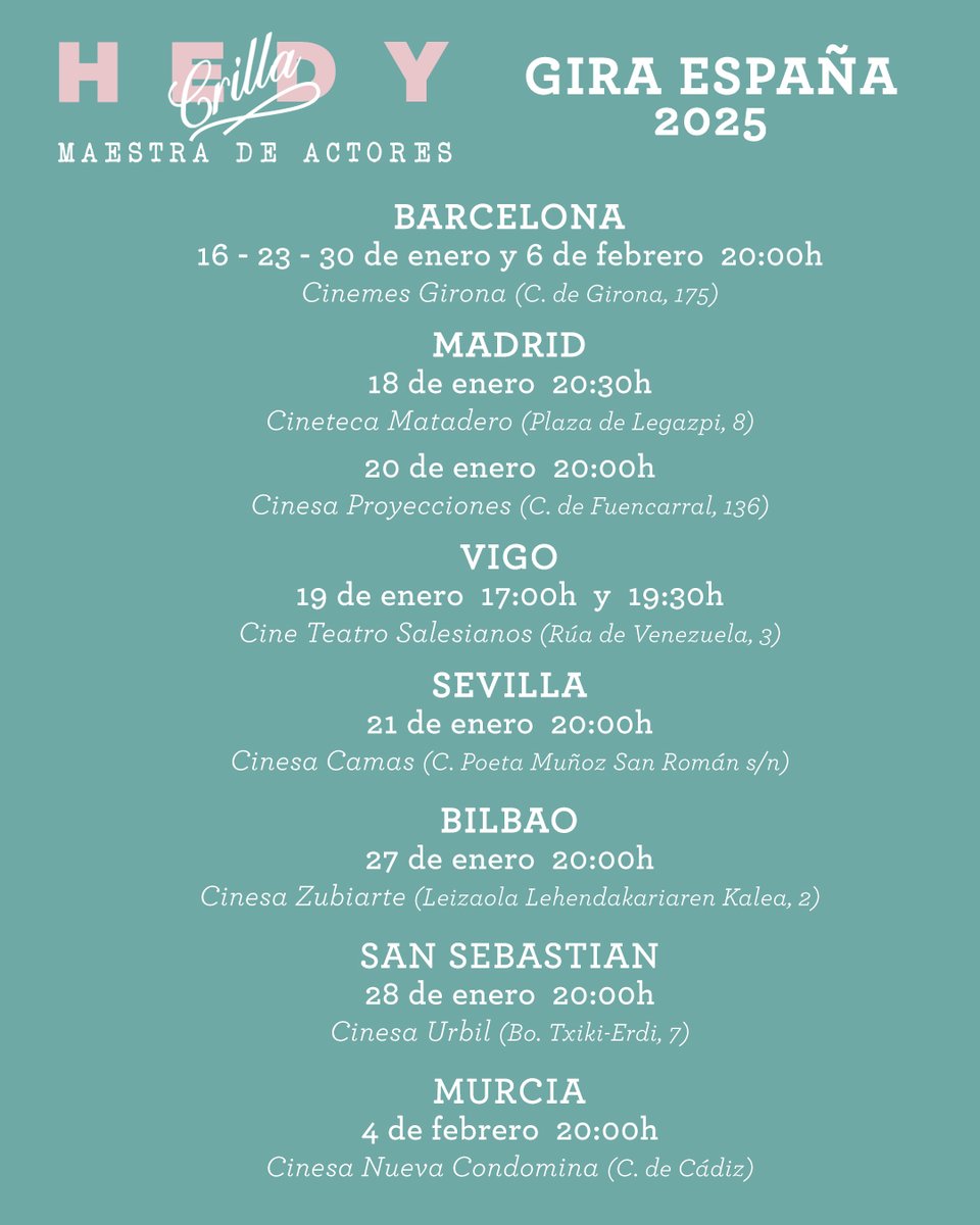 ¡GIRA POR ESPAÑA! 📽️ 𝗣𝗿𝗼𝘆𝗲𝗰𝗰𝗶𝗼𝗻𝗲𝘀 𝗱𝗲𝗹 𝗱𝗼𝗰𝘂𝗺𝗲𝗻𝘁𝗮𝗹 «𝗛𝗲𝗱𝘆 𝗖𝗿𝗶𝗹𝗹𝗮, 𝗺𝗮𝗲𝘀𝘁𝗿𝗮 𝗱𝗲 𝗮𝗰𝘁𝗼𝗿𝗲𝘀» 𝘆 𝗰𝗼𝗹𝗼𝗾𝘂𝗶𝗼𝘀 𝗰𝗼𝗻 𝘀𝘂 𝗱𝗶𝗿𝗲𝗰𝘁𝗼𝗿𝗮 🍿. El film retrata la vida y obra de la 🇦🇹 Hedy Crilla, quien dedicó su vida al teatro 👏🏼.