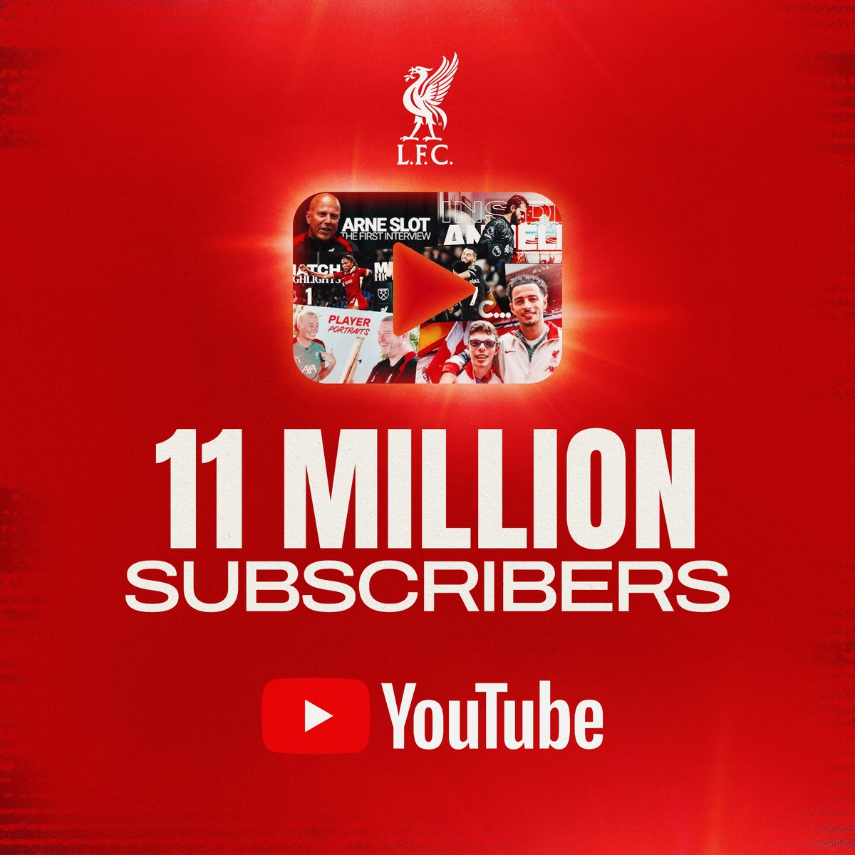 LFC's tweet photo. We've reached 1️⃣1️⃣ million subscribers on @YouTube 🙌

Thank you for your brilliant support, Reds ❤️