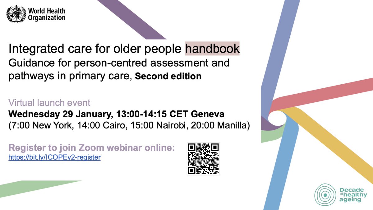 UN Decade of Healthy Ageing (2021-2030) (@undecadeageing) on Twitter photo 🚨 New resource launch! 🚨
Join <a href="/WHO/">World Health Organization (WHO)</a> on 29 January for the launch of the ICOPE Handbook, 2nd edition: a resource that provides practical recommendations health workers can follow to ensure high-quality, person-centred care for older people.
Register ✍️: bit.ly/ICOPEv2-decade 🚨 New resource launch! 🚨
Join <a href="/WHO/">World Health Organization (WHO)</a> on 29 January for the launch of the ICOPE Handbook, 2nd edition: a resource that provides practical recommendations health workers can follow to ensure high-quality, person-centred care for older people.
Register ✍️: bit.ly/ICOPEv2-decade