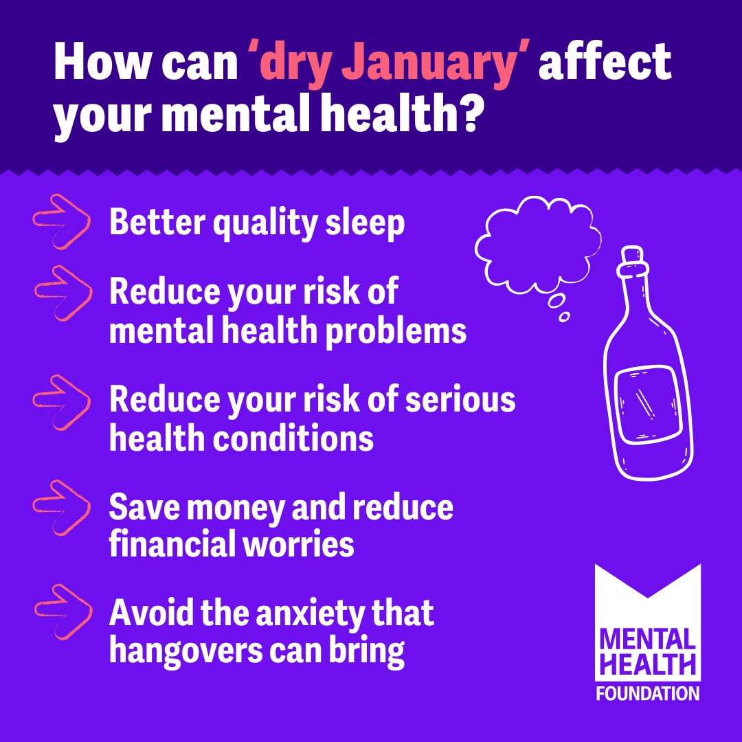 Alcohol can affect our mental health, both in the short and long term.

So, we may experience some benefits for our mental health when we reduce or stop drinking.

Have you noticed any benefits of stopping or reducing alcohol for dry January – or any other time? Let us know! 💬